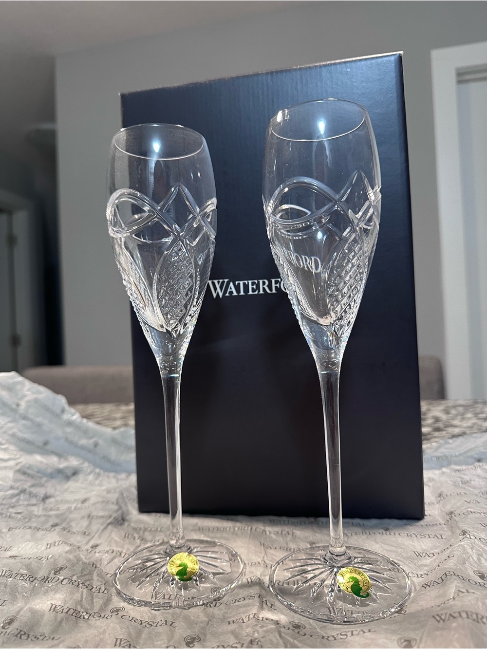 Waterford Clear Crystal Champagne Flutes with Cut Pattern - Pair